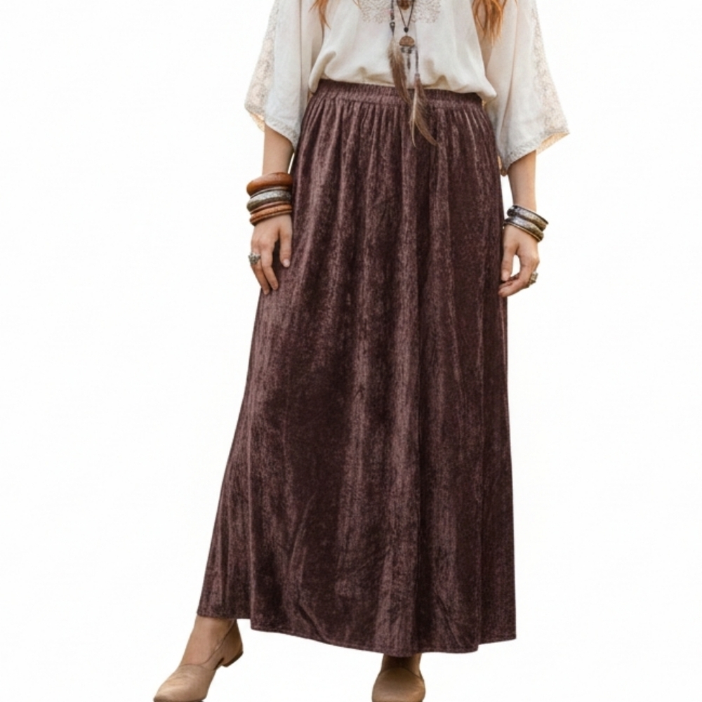 Allure Crushed Velvet Maxi Skirt - Deep Purple/Brown - Size M